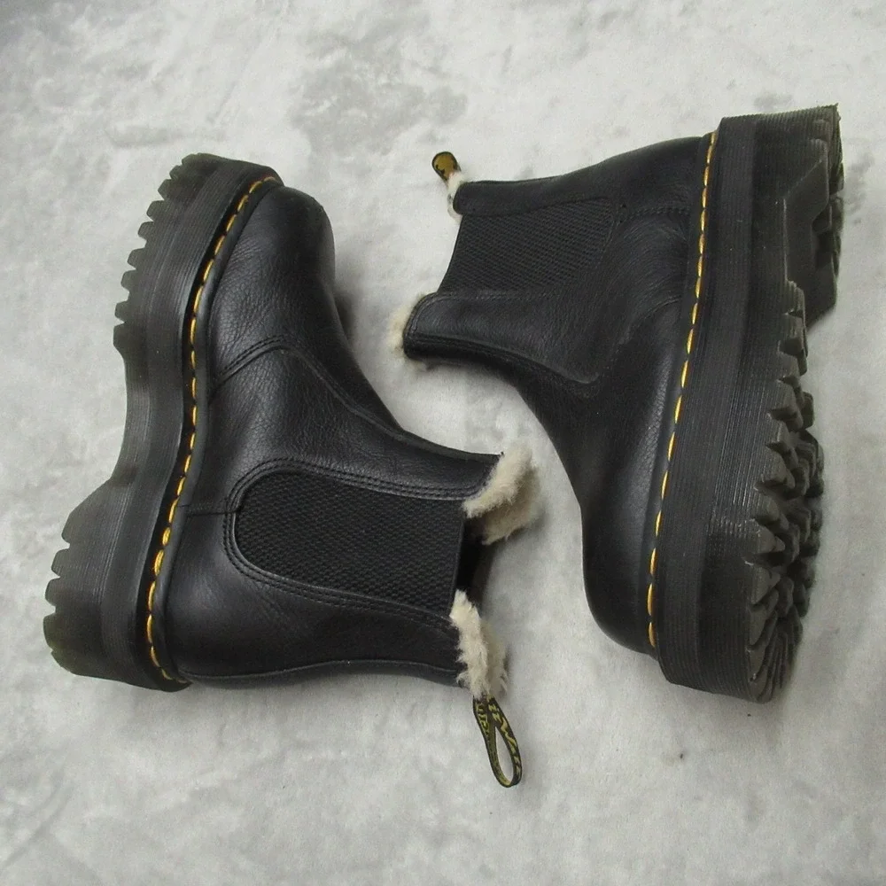 Dr Martens Unisex W5 M4 Boots Black‎ Leather Quad Platform Lug Faux Fur Chelsea